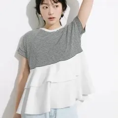 coca 異素材切り替え2段フリル Tシャツ ボーダーのサムネイル