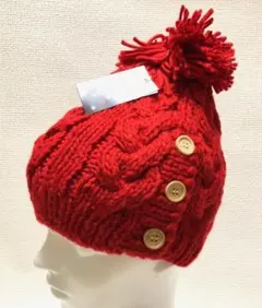 新品★三つボタン 縄網 ニットキャップ／レッド／ニット帽／帽子／赤