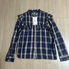 新品タグ付　ZARA ネイビー・ベージュ チェック フリル長袖シャツ