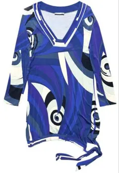 イタリア製総柄EMILIOPUCCIチュニック長袖裾リボンブルー青パープル紫S