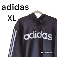 P1【adidas】フード付きパーカー　スウェット　ユニセックス　白ライン　XL