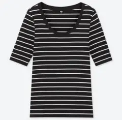 UNIQLO リブボーダーUネックT(5分袖) M