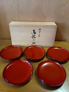 未使用　山中塗　木製漆器　銘々皿　5客セット　天然木
