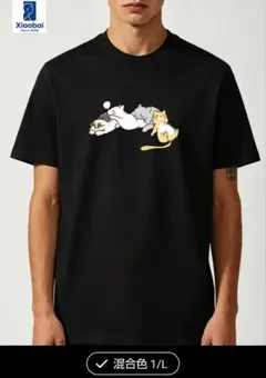 Xiaobai 猫柄プリント半袖Tシャツ 　黒ブラック
