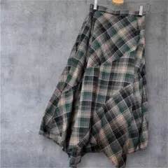 【美品】グリーン系チェック柄フレアロングスカートレディース