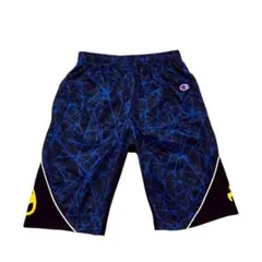 美品◎チャンピオン キッズ160 ハーフパンツ 総柄 ブルー系 ポケット付 伸縮