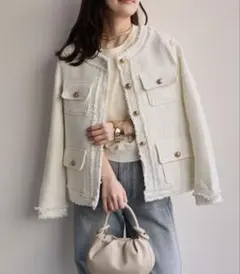 極美品　CLANE ノーカラー　ツイードジャケット　ホワイト　サイズ1　M相当 極美品】CLANE ノーカラー ツイードジャケット ホワイト サイズ1 M相当