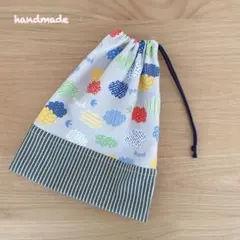 るー様専用 ハンドメイド　給食袋　巾着袋　いろいろな雲×ヒッコリー風ストライプ