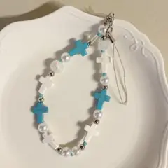 ビーズストラップ　 ハンドメイド　ターコイズ　 パール　キーホルダー　推し活