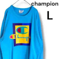 チャンピオン　ロンT 長袖　ロゴ　水色　古着　champion 90s
