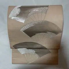 アンティーク 袋帯 銀糸 扇子文様 六通 正絹 薄いピンク色 H487