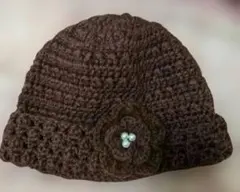 ブラウン レディース ニット帽 　花飾り付き