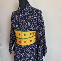 洗える着物　小紋 着物 紺色 花柄