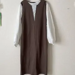 ブラウン Vネック ワンピース