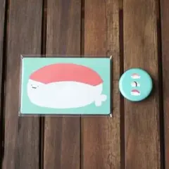 【あざらすしメッセージカードと缶バッジセット】オリジナルゆるかわイラスト　お寿司