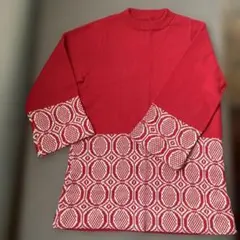 ハンドメイド　機械編み　幾何学模様 赤 長袖ニット　クルーネックセーター　毛