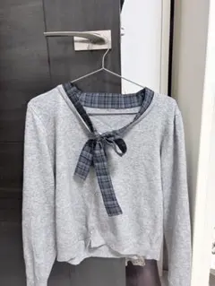 長袖ニット チェック柄リボン付き
