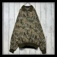 【VINTAGE】総柄レトロシャツ☆リブ付プルオーバー☆幾何学☆カーキ系　L