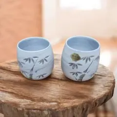 【新品・未使用　清水焼】竹模様の青白い湯飲み2個セット