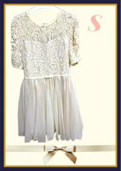 レース ミニワンピース 半袖　フレア　ワンピース　S フォーマル　ドレス