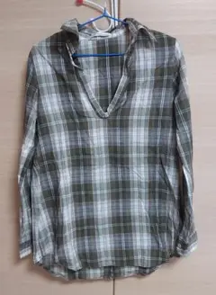 オリーブグリーンチェック柄長袖シャツ Mサイズ　Mysty woman