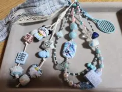 ハンドメイド青系ビーズストラップ　じゃらじゃらストラップ