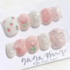 現品 ピンクフラワー春ニュアンスネイルチップ03247 韓国 花 薔薇 蝶々