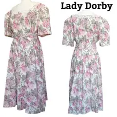 レディダービー 花柄 ロングワンピース リボンベルト ギャザー 襟レース