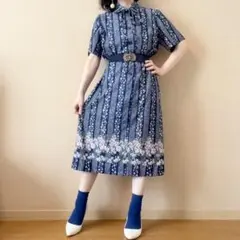 花柄 ストライプ柄 開襟 ワンピース 昭和レトロ ヴィンテージ 日本製 紺 白