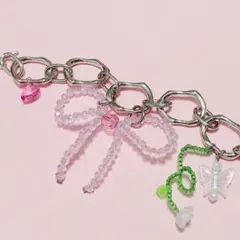 リボンブレスレット  チェーン　ビーズ