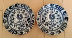 青い鳥と植物の皿 ２枚