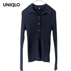 ユニクロ メリノリブポロカーディガン ウール 襟付き ストレッチ M 紺 春