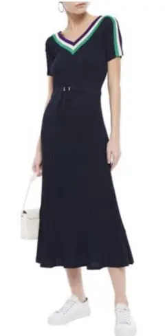 ネイビー リブ編み Vネック 半袖ワンピース ドローストリング付き