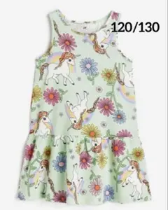 ☆新品☆H&M ワンピース　ユニコーン&フラワー♡ライトグリーン　120 ①