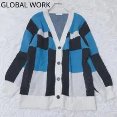 グローバルワーク　カーディガン　Vネック　ブラック　ブルー　ブロック柄　秋冬