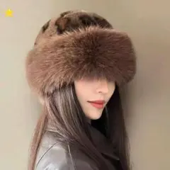 レオパード柄ファーバケットハット　カジュアル　エレガント　個性的　ブラウン