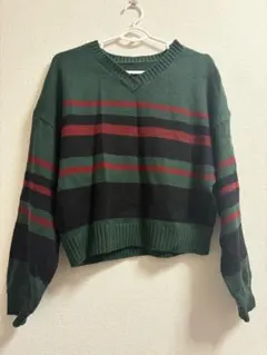 グリーンニットストライプセーターセット