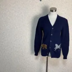 カーディガン　ネイビー　長袖　刺繍　M 毛100%