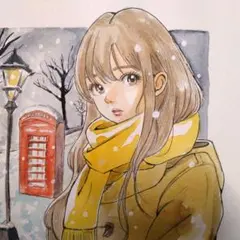 手描きイラストA4　水彩画『青いベンチ』