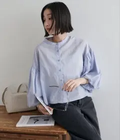 Discoat コットンシアー袖バルーンブラウス5分袖　(WEB限定カラー)