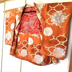 アンティーク　正絹　錦紗縮緬　橙菊文様長羽織　大正ロマン