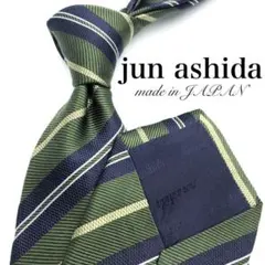 【大特価】jun ashida ネクタイ ストライプ グリーン ネイビー 光沢感