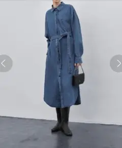 【新品タグ付き】 デニム シャツ ロング ワンピース ベルト付き 綿100%