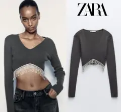 新品未使用 ZARA ラインストーン付き Vネック トップス M ラスト1点♪