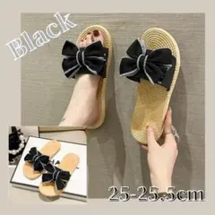 ブラック 25-25.5cm サンダル スリッパ リボン ぺたんこ 可愛いのサムネイル