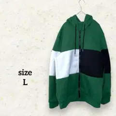 SHEIN【L】フルジップ配色パーカー/ストリート系/オーバーサイズ/フード/緑