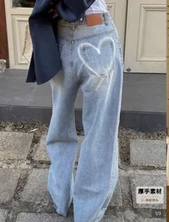 SHEIN ハートプリントワイドレッグジーンズ　M