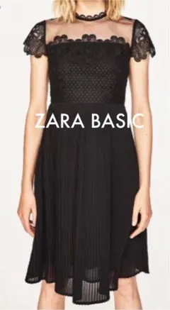 ZARA BASIC プリーツ切替フラワーレースワンピース