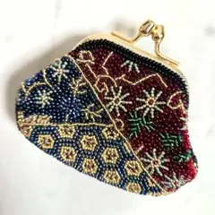 極美品 柏ビーズ 赤帯柄　がま口 ケース 小銭入れ 総ビーズ刺繍 花 極美品 柏ビーズ 赤帯柄 がま口 コインケース 小銭入れ 総ビーズ刺繍