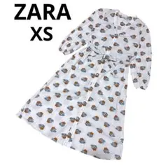 ZARA ウエストリボン付きミディ丈ワンピース　花柄　白